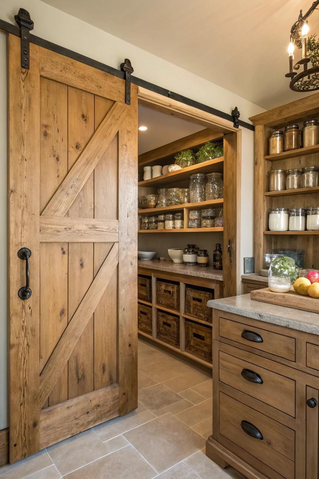 A rustic butler's pantry featuring a sliding barn door for space-saving charm.