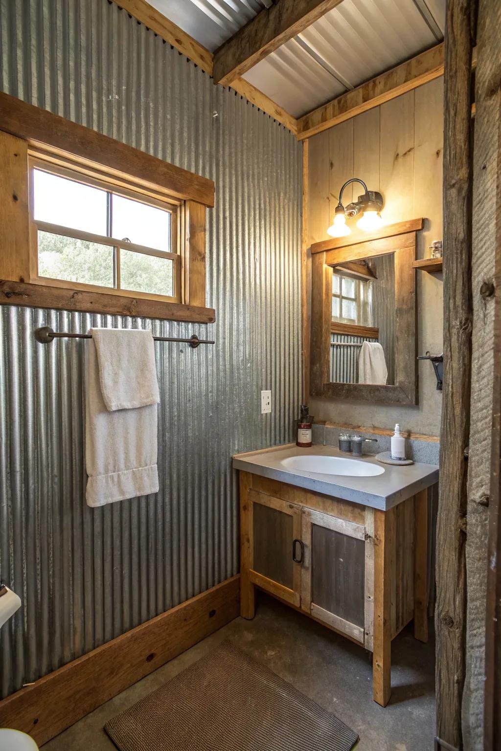 A cabin bathroom featuring corrugated barn tin walls for an industrial touch.