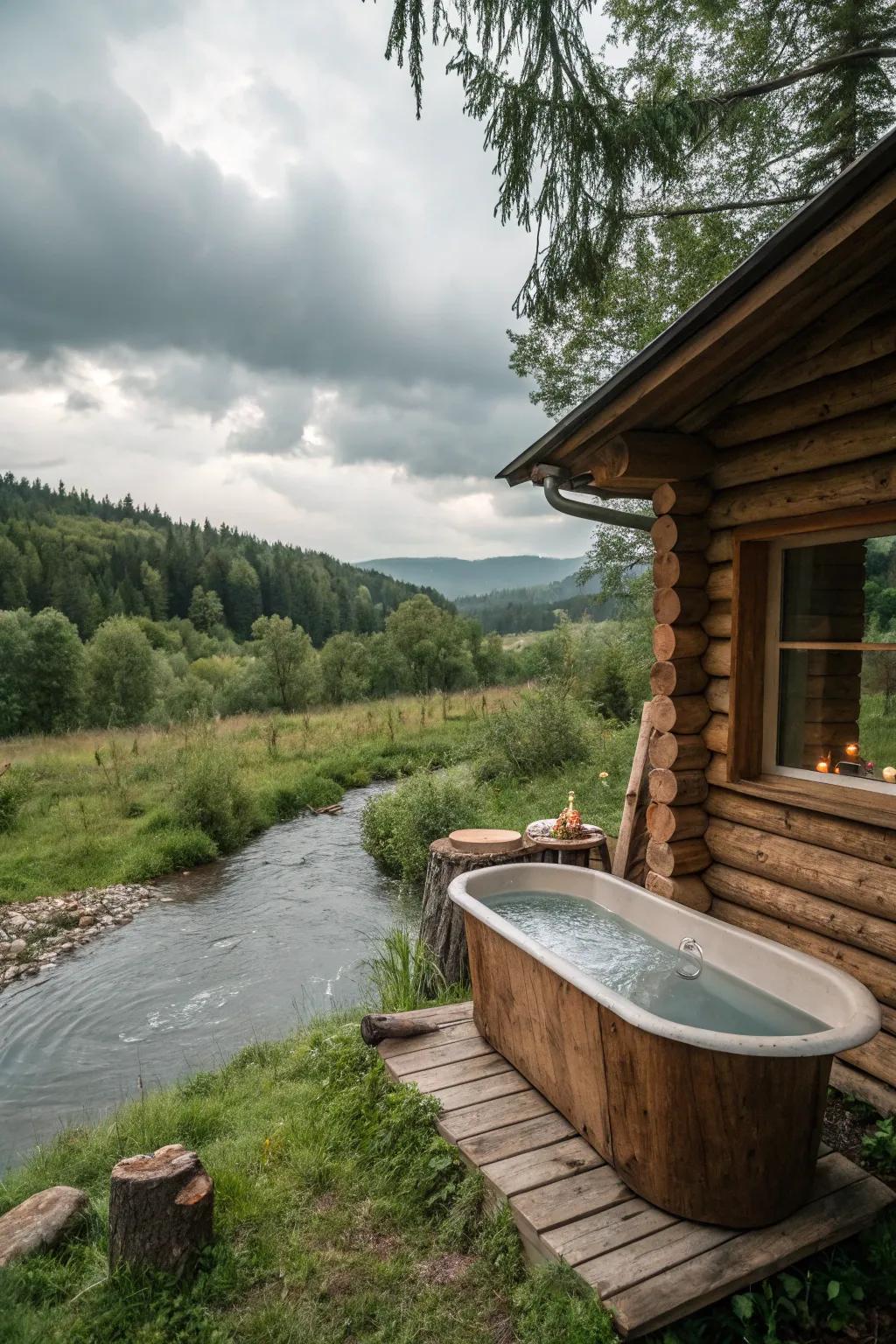 Luxurious outdoor bath retreat by a cabin