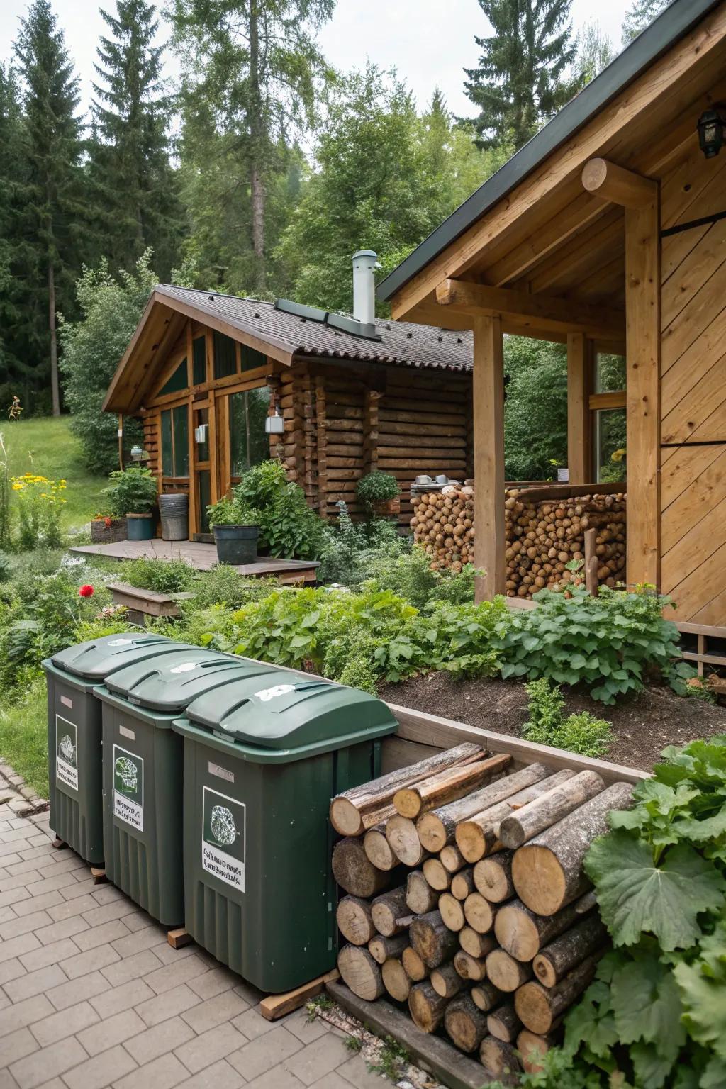 A compost station supports sustainable living at the cabin.