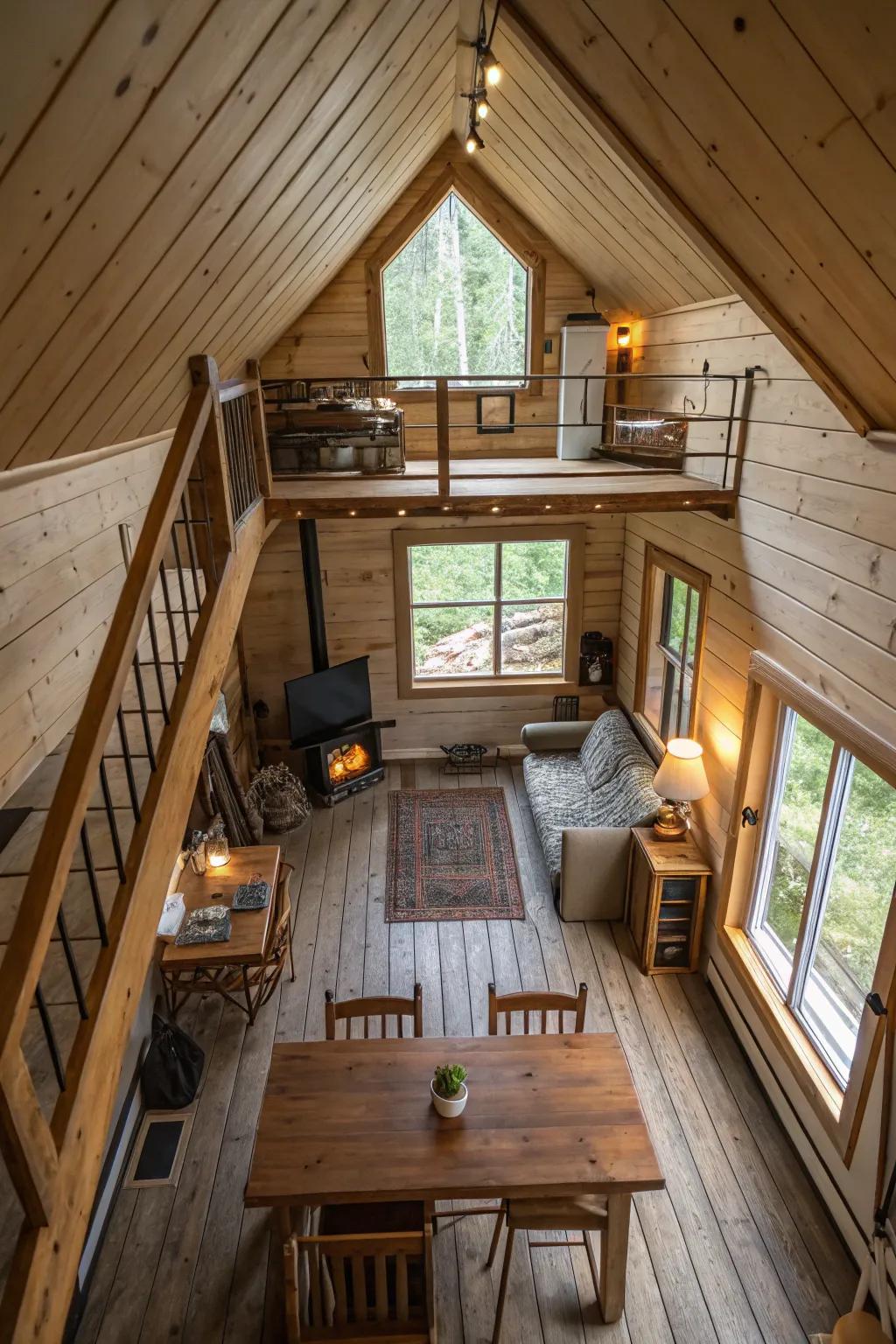 A loft space cleverly maximizes the cabin's vertical space.