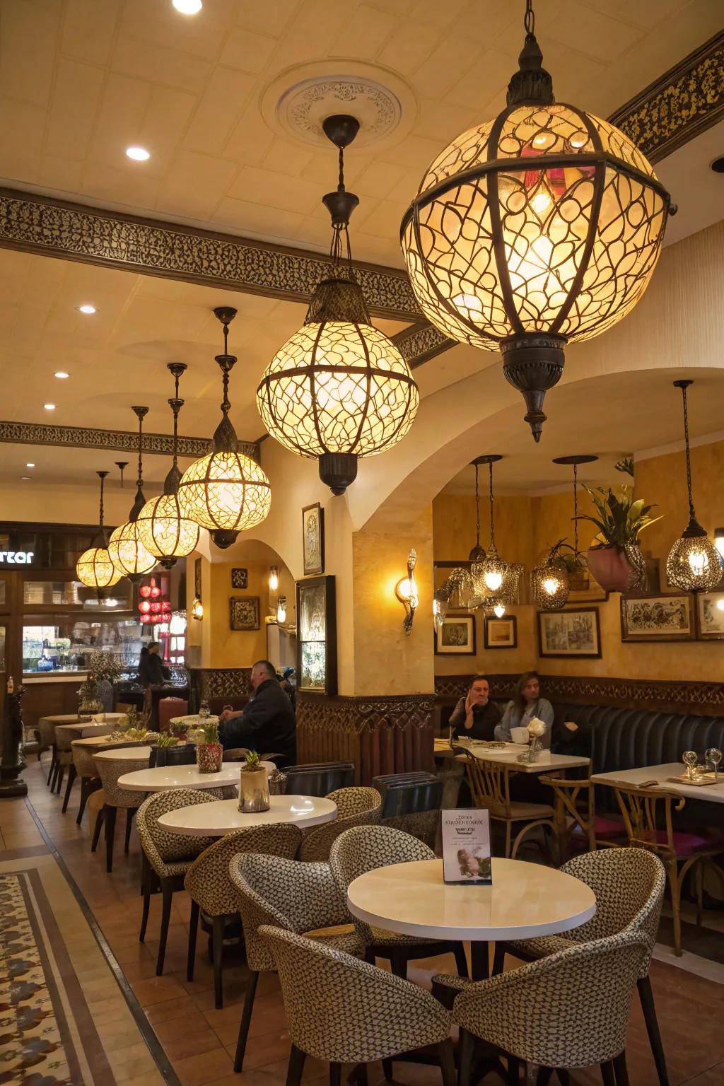 Decorative light fixtures in a cafe that serve as stunning art pieces.