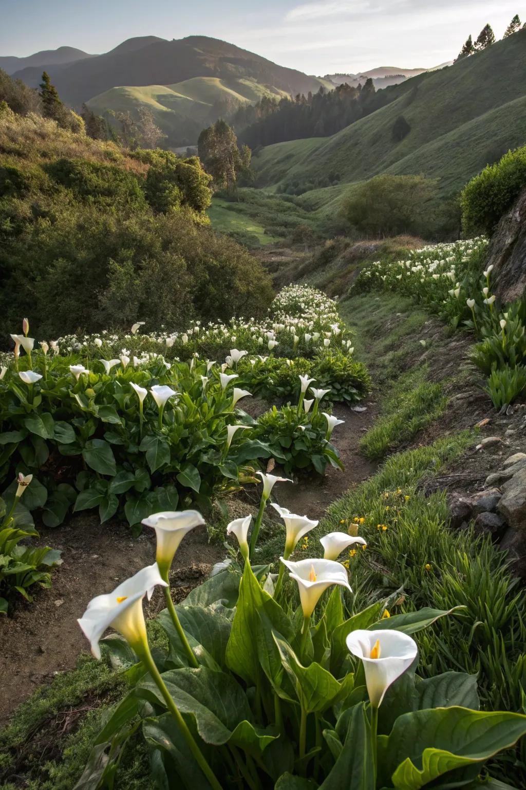 Calla lilies preventing erosion on a garden slope.