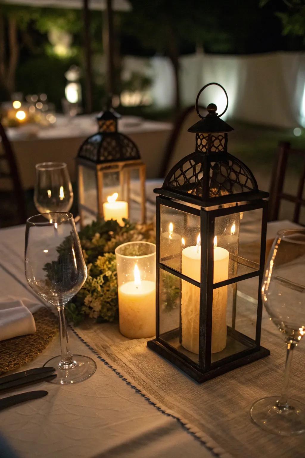 Lanterns with candles creating a cozy atmosphere.