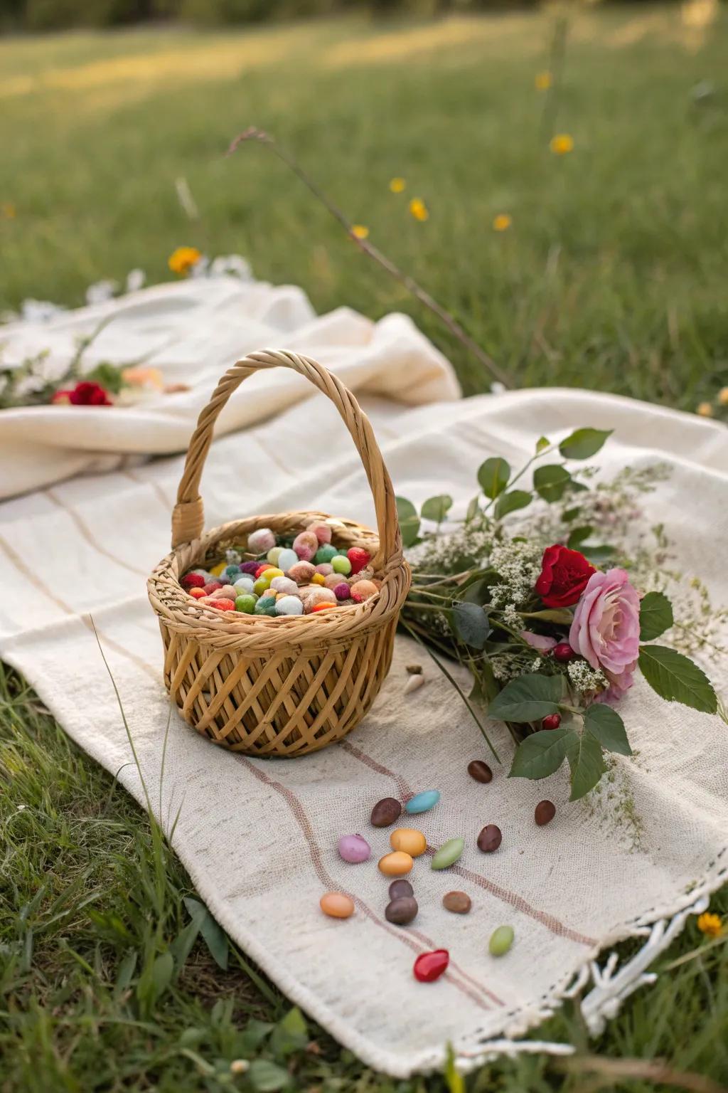 A charming rustic candy bouquet in a wicker basket.