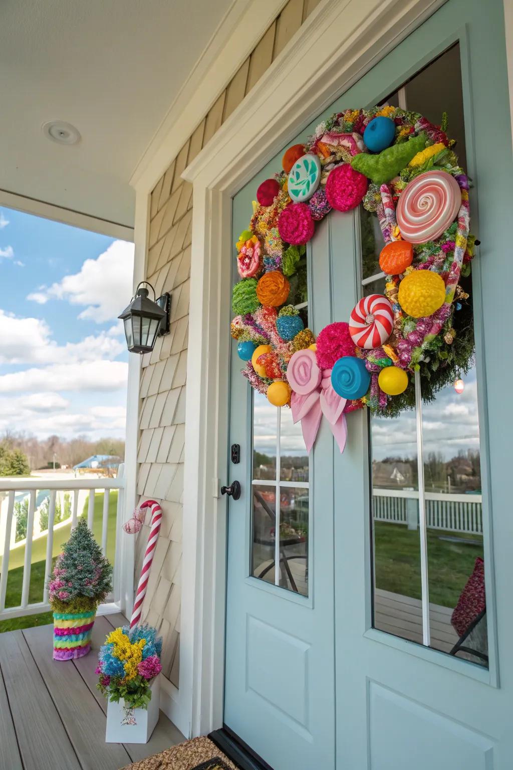 A candyland wreath offers a colorful and sweet welcome.