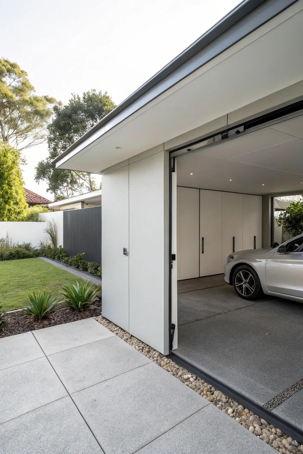 A carport with hidden handle doors, offering a clean and modern aesthetic.