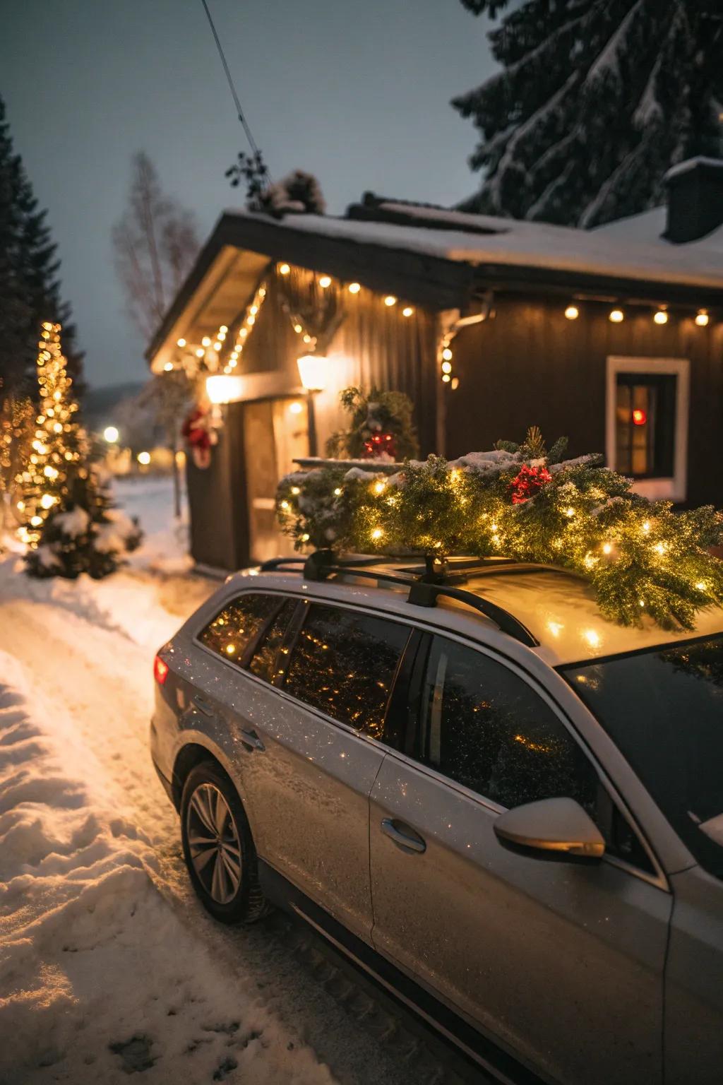 A roof rack transformed into a festive display, adding holiday cheer to the ride.