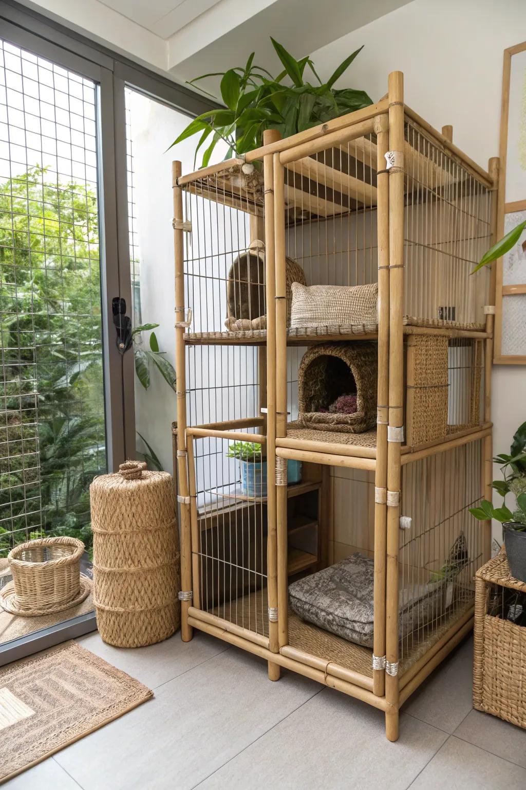 Eco-friendly materials enhance the cat cage with sustainability.