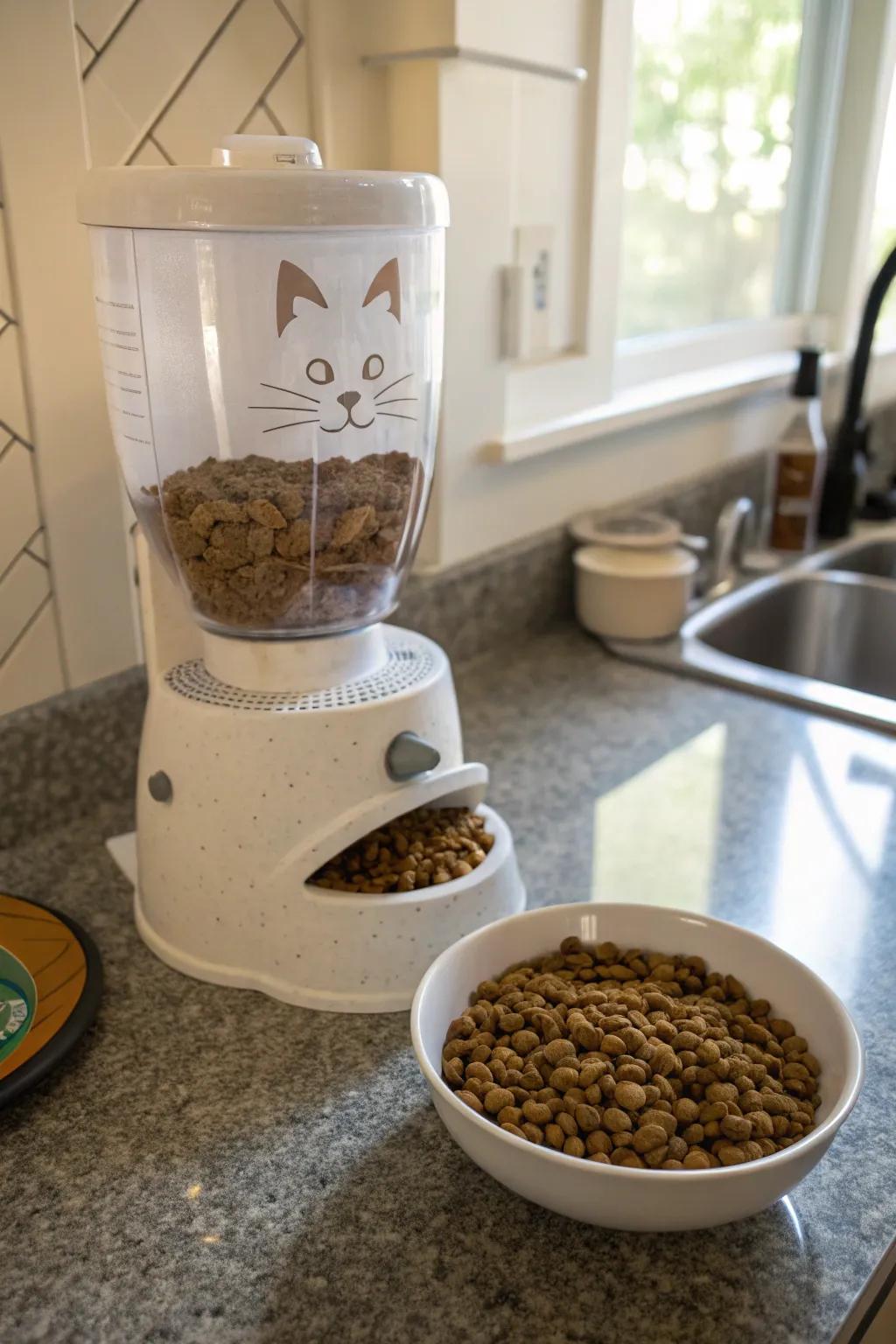 Cereal dispenser cleverly repurposed for cat food.