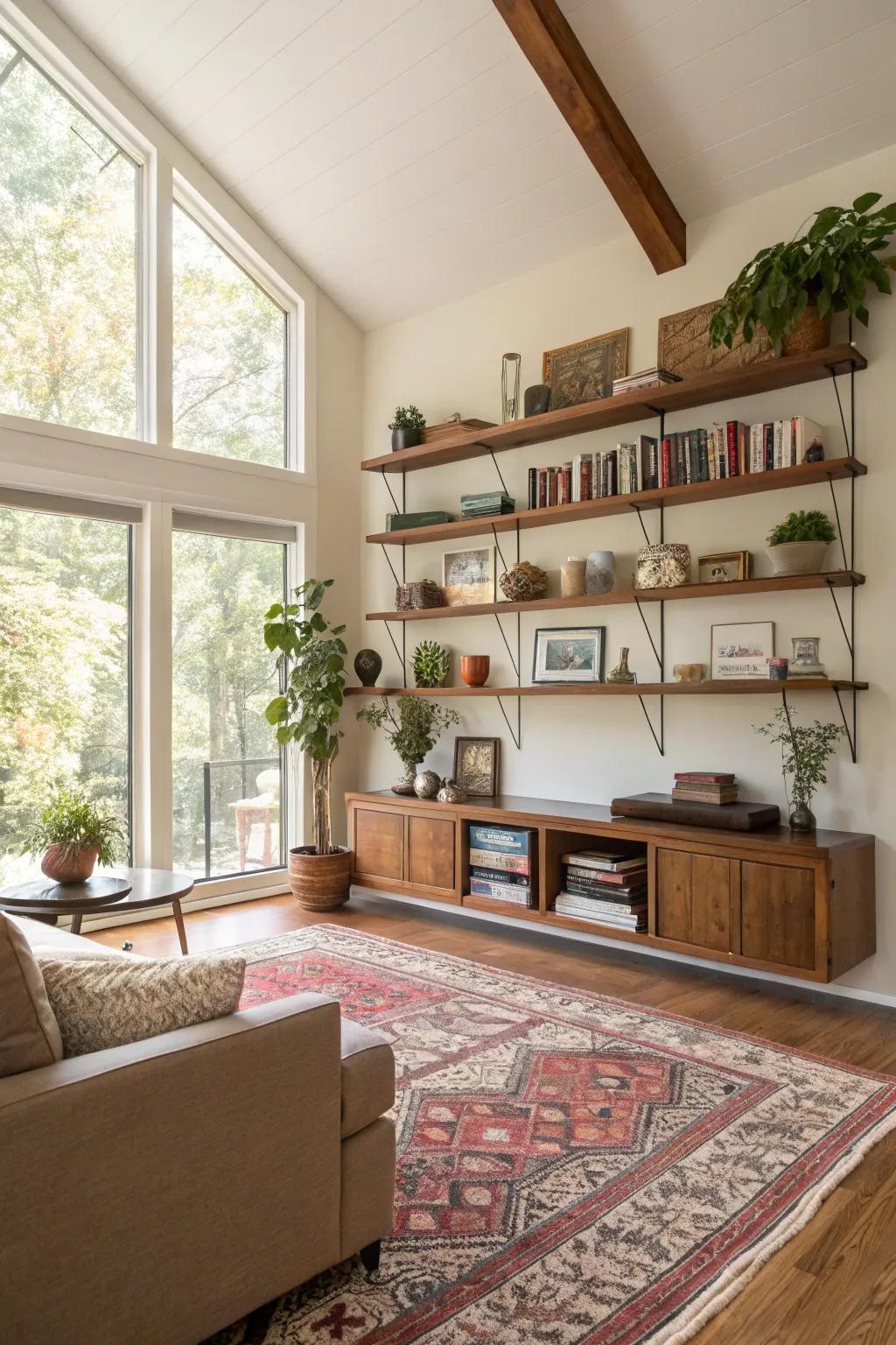 Floating shelves provide stylish storage and display options.