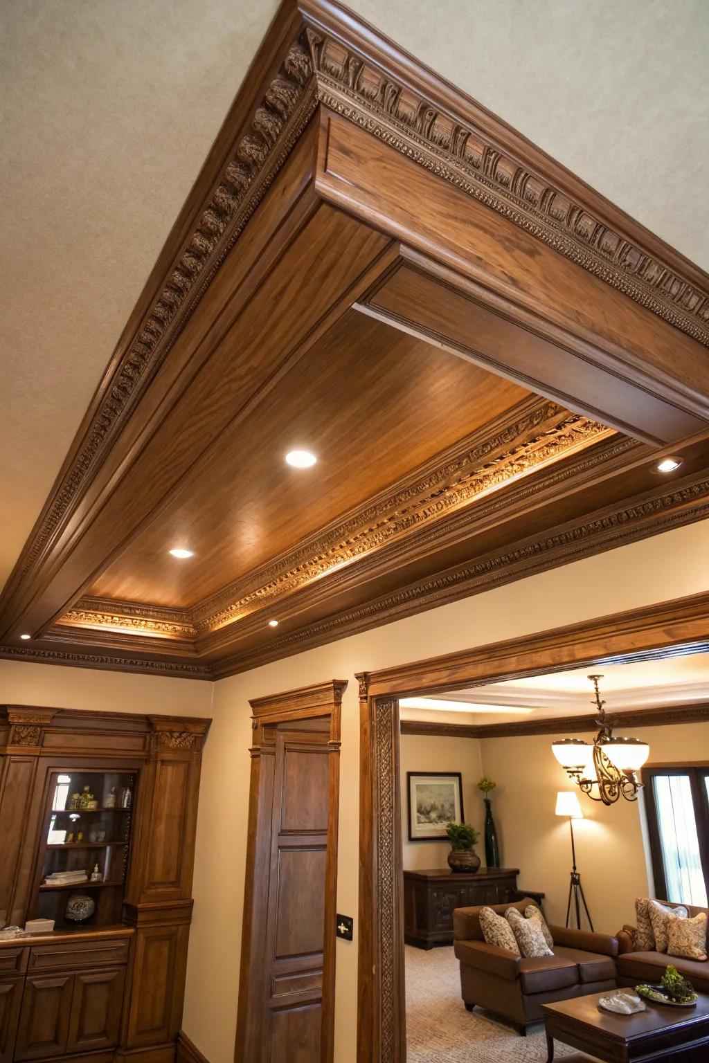 Stained wood crown molding offers classic elegance and warmth.