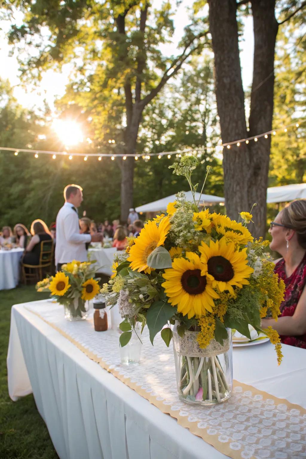 Sunflowers bringing vibrancy and affordability to a summer wedding.