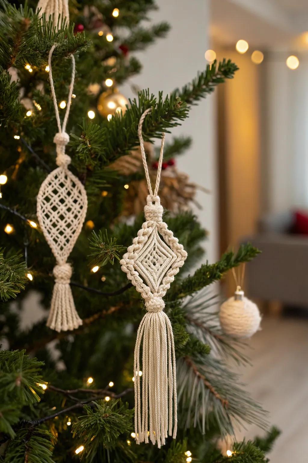 Macramé ornaments adding texture and warmth.
