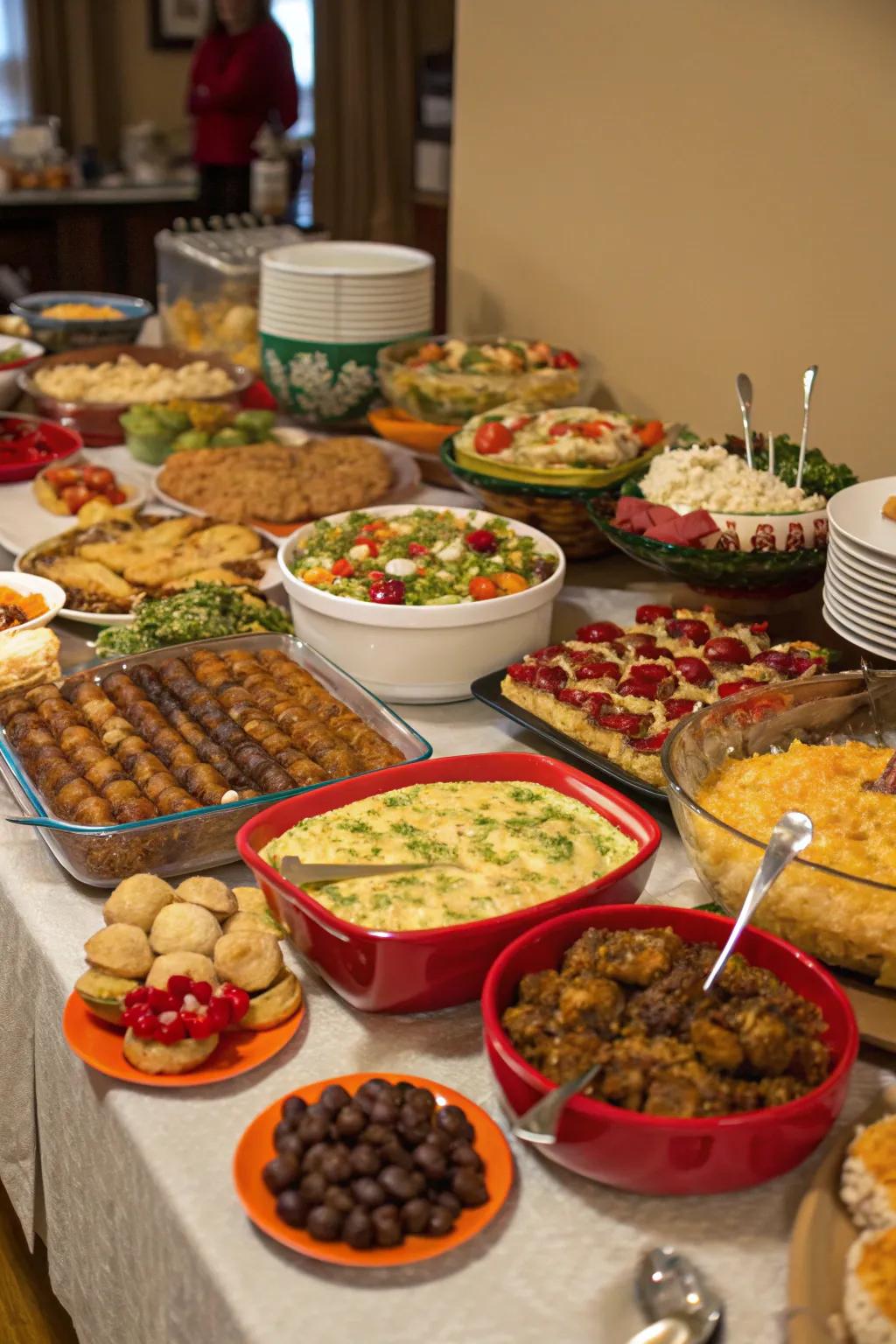 A festive potluck feast with a delightful array of holiday dishes.