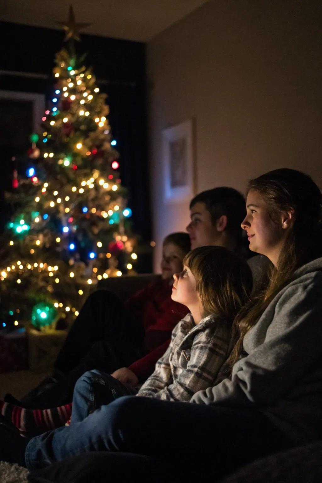 A quiet and peaceful family moment by the Christmas tree.