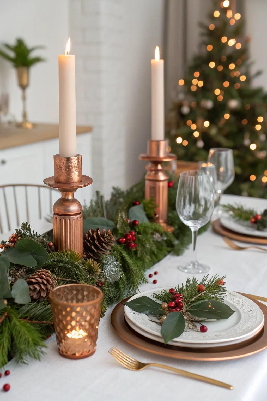 Copper elements add a warm metallic glow to the setting.