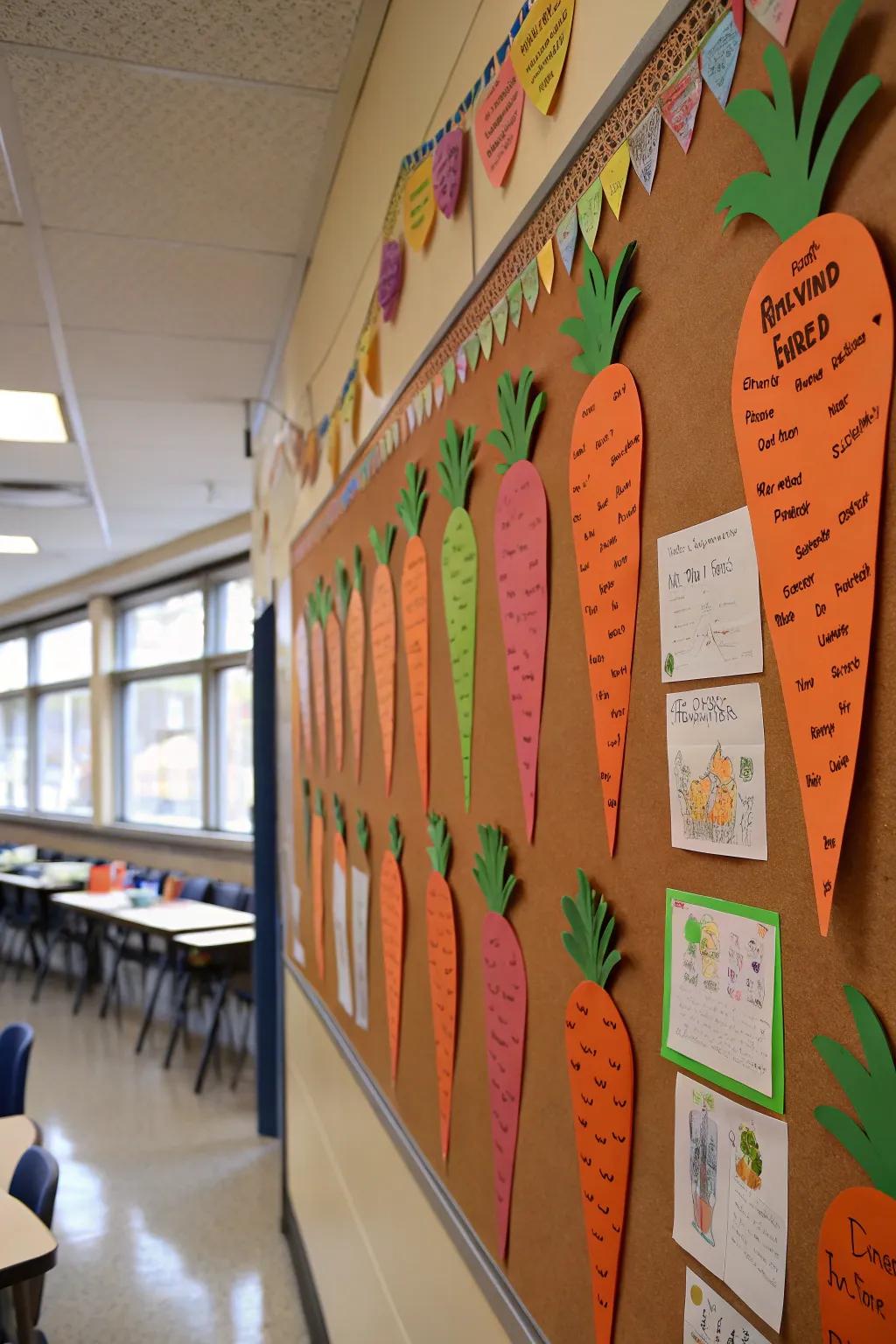 A creative carrot-themed bulletin board for Easter.