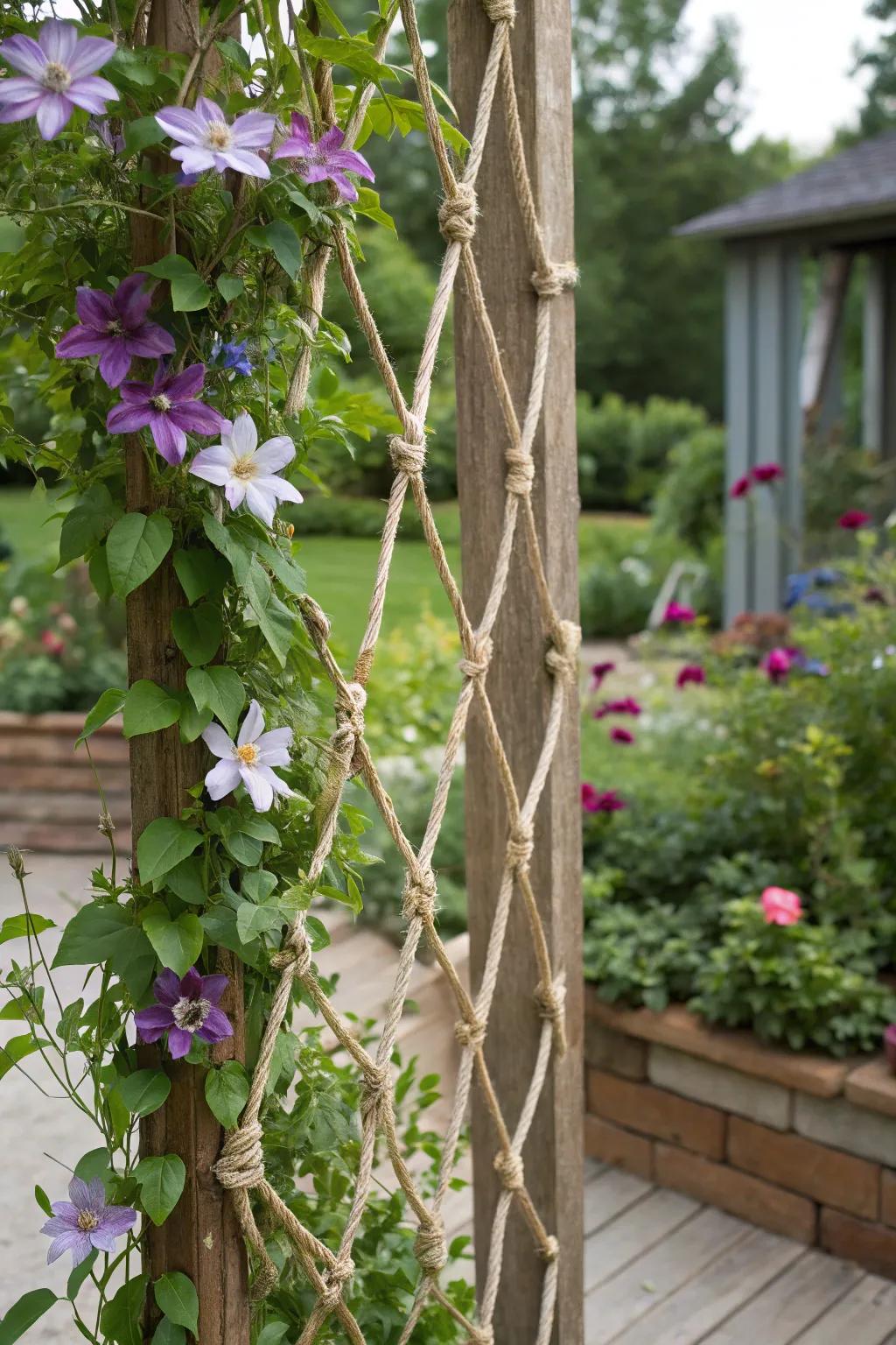 A DIY string trellis allows for creative clematis growth patterns.