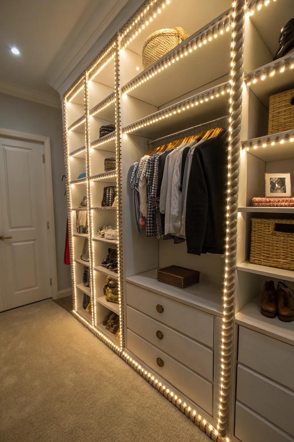 Rope lighting adds a whimsical touch and enhances visibility in your closet.