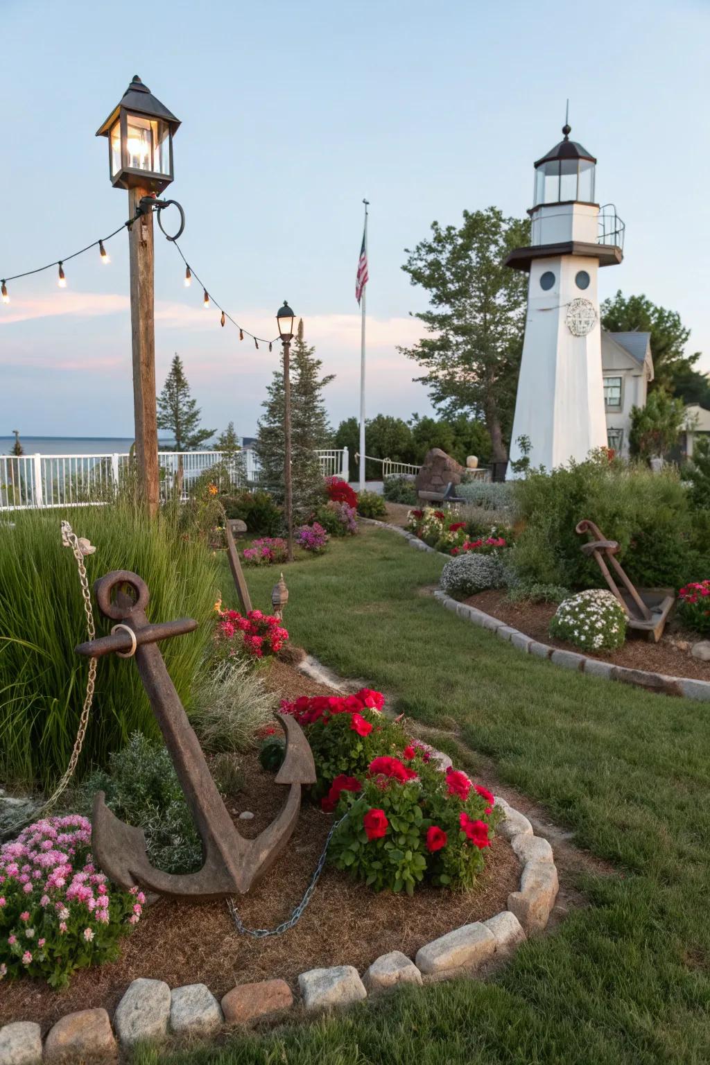 Nautical-themed accents add charm to a coastal garden.