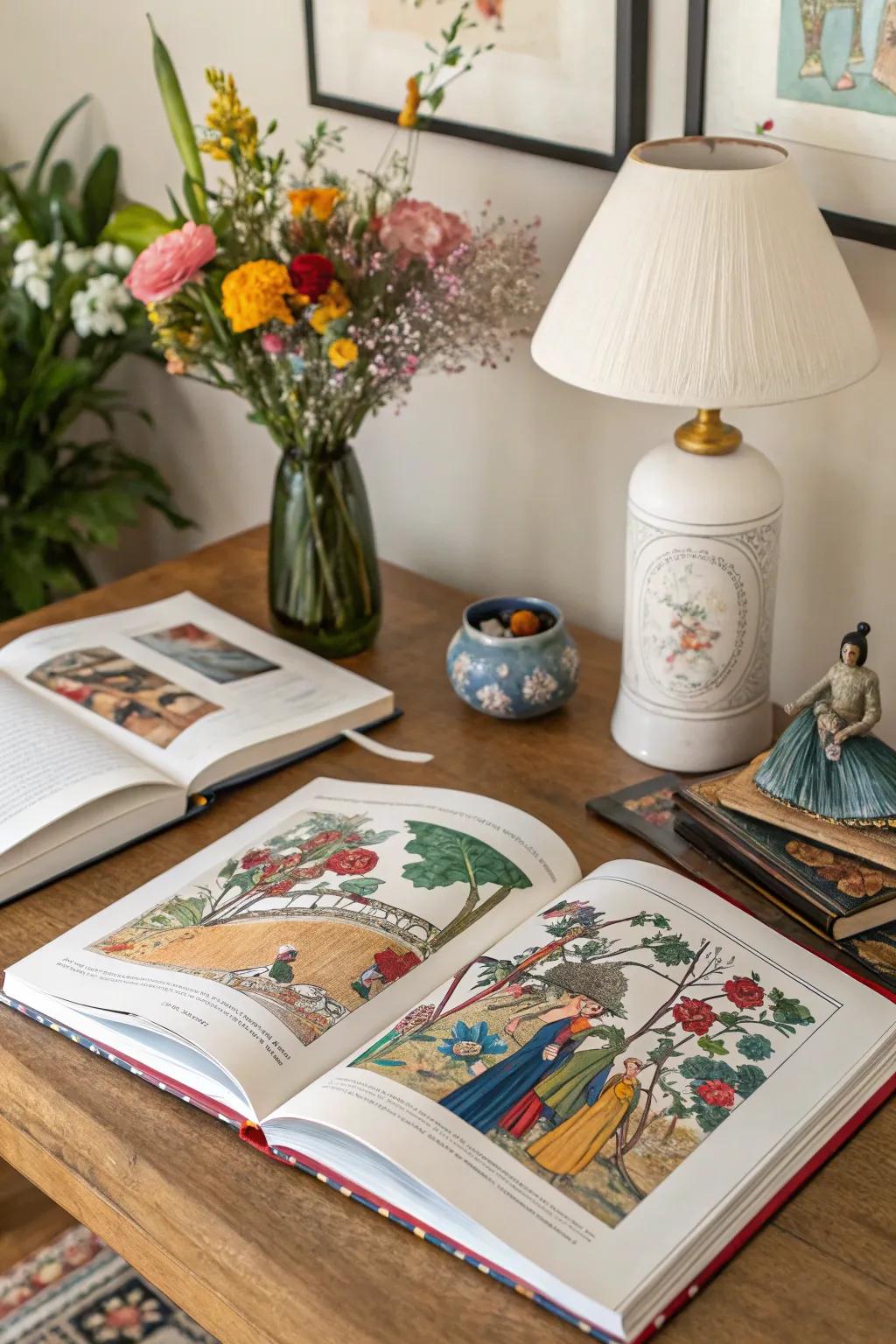 Art books serve as a chic foundation for additional decor.