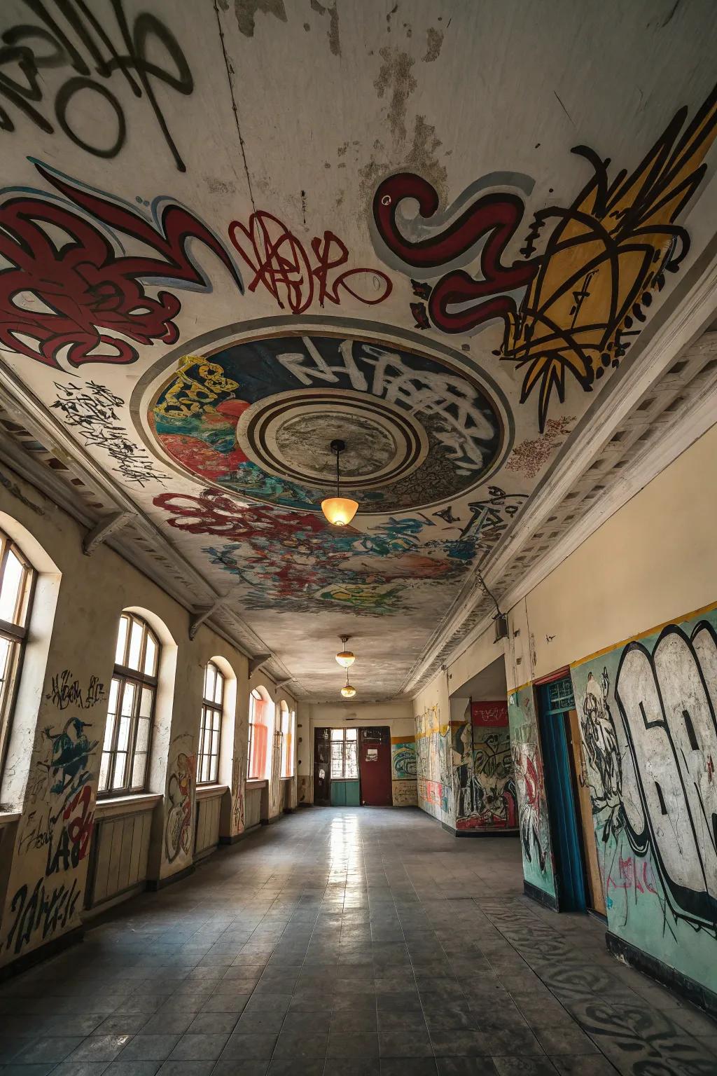 A room with dramatic graffiti art on the ceiling.