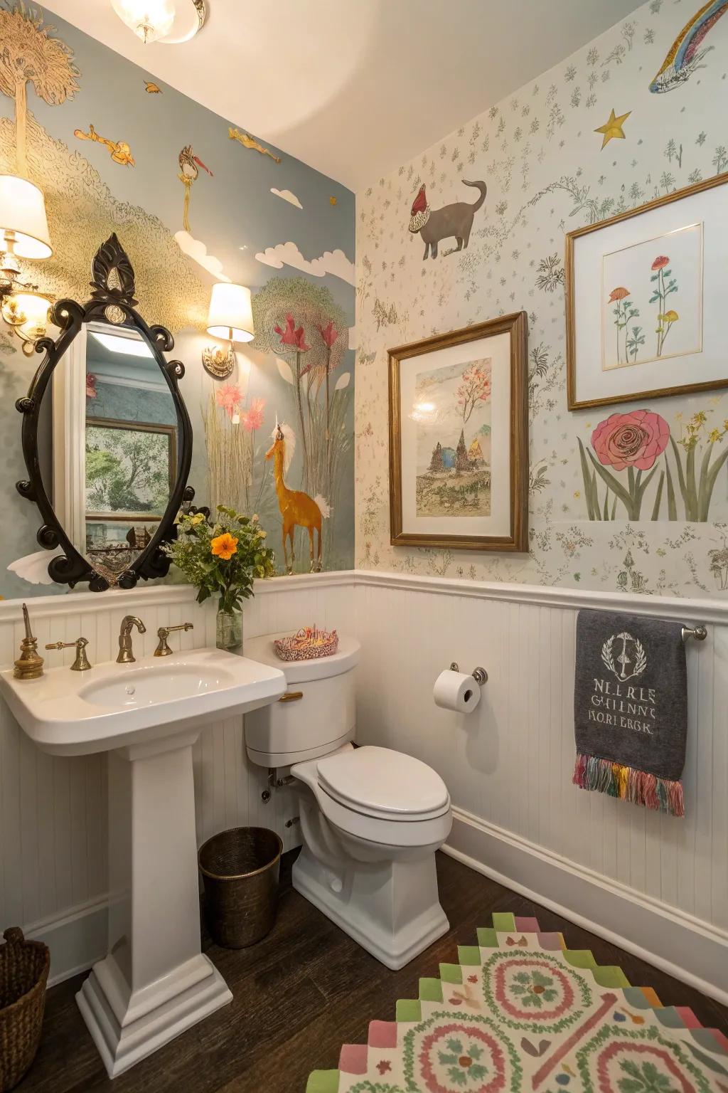 Unexpected art pieces bring whimsy to this colorful powder room.