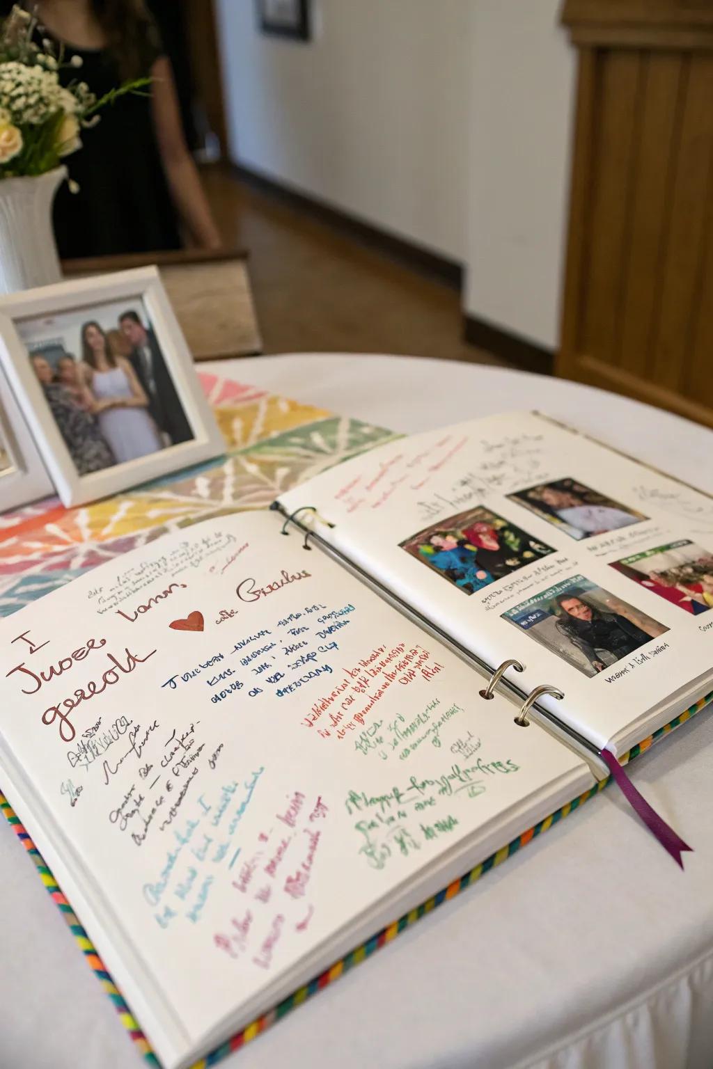 A yearbook-style guest book capturing heartfelt messages and memories.