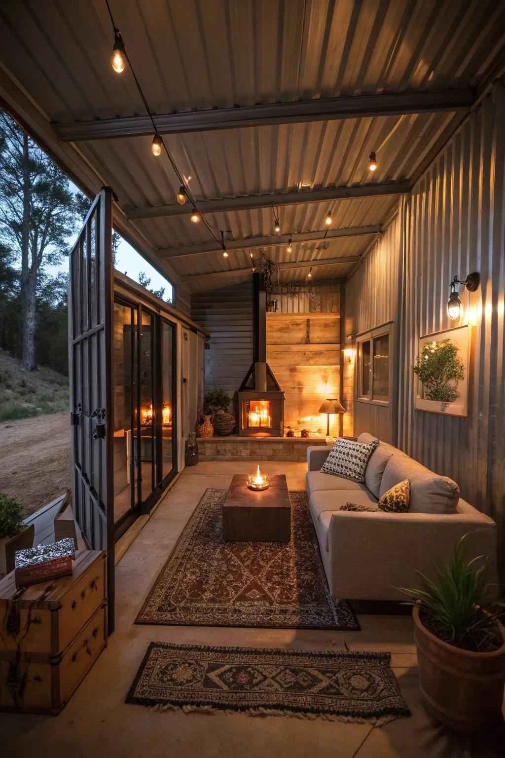 A central fireplace adds warmth to this container home's living area.