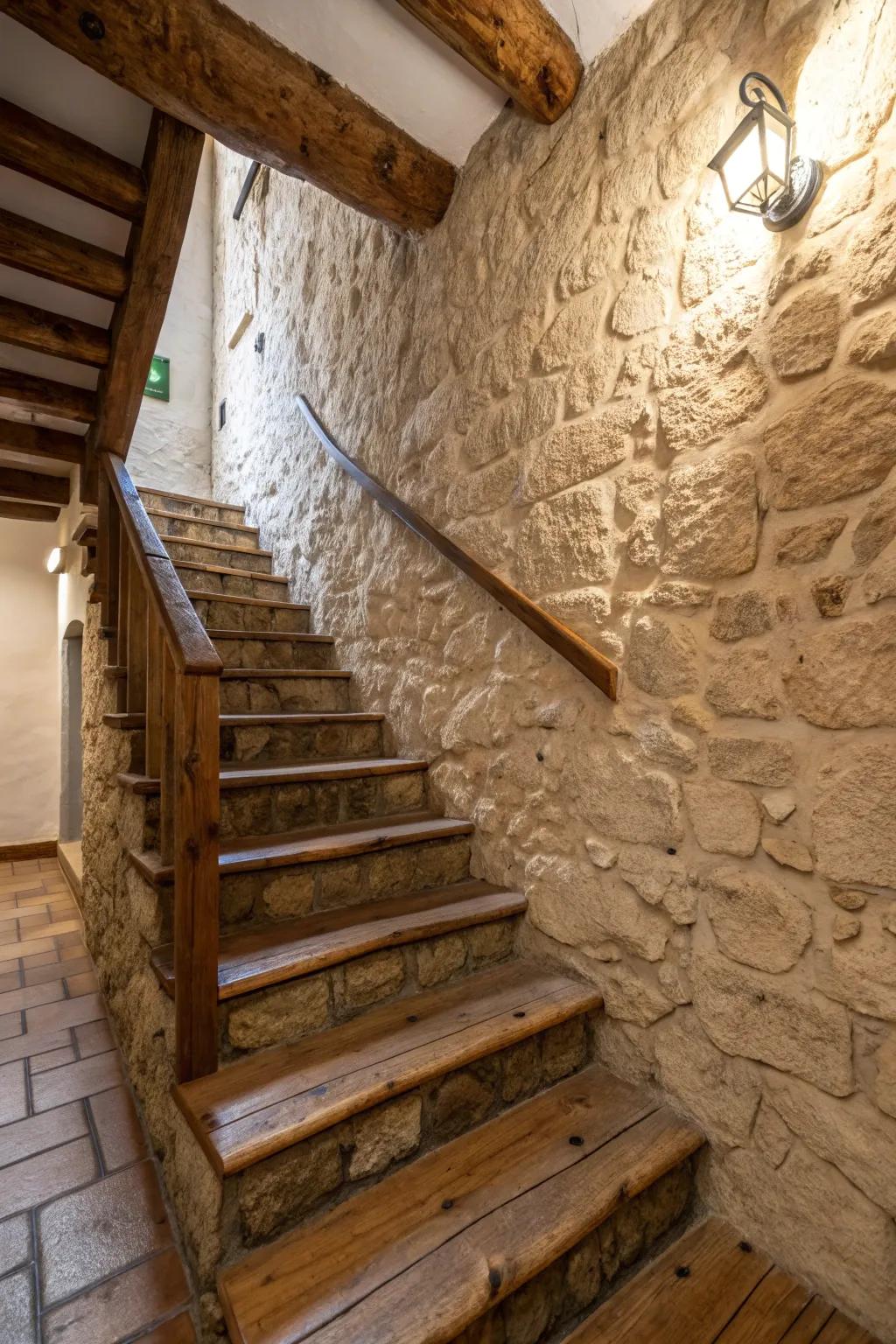 Textured walls add depth and character to staircases.