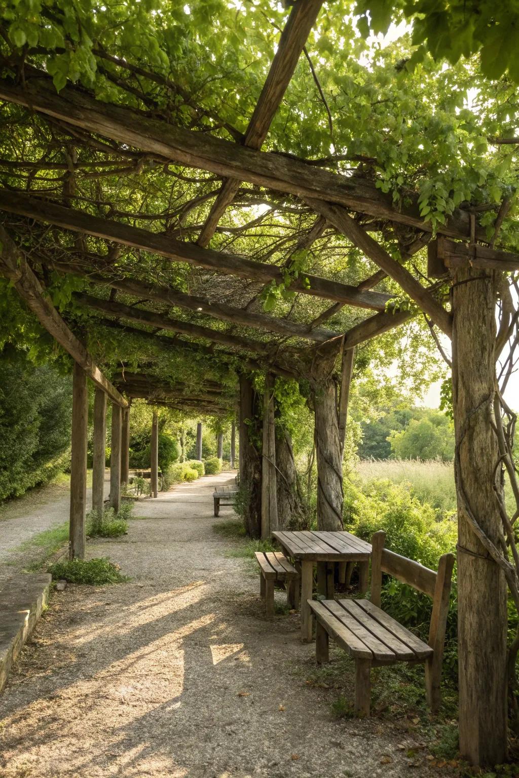 A rustic pergola creating an inviting shaded space in the garden.