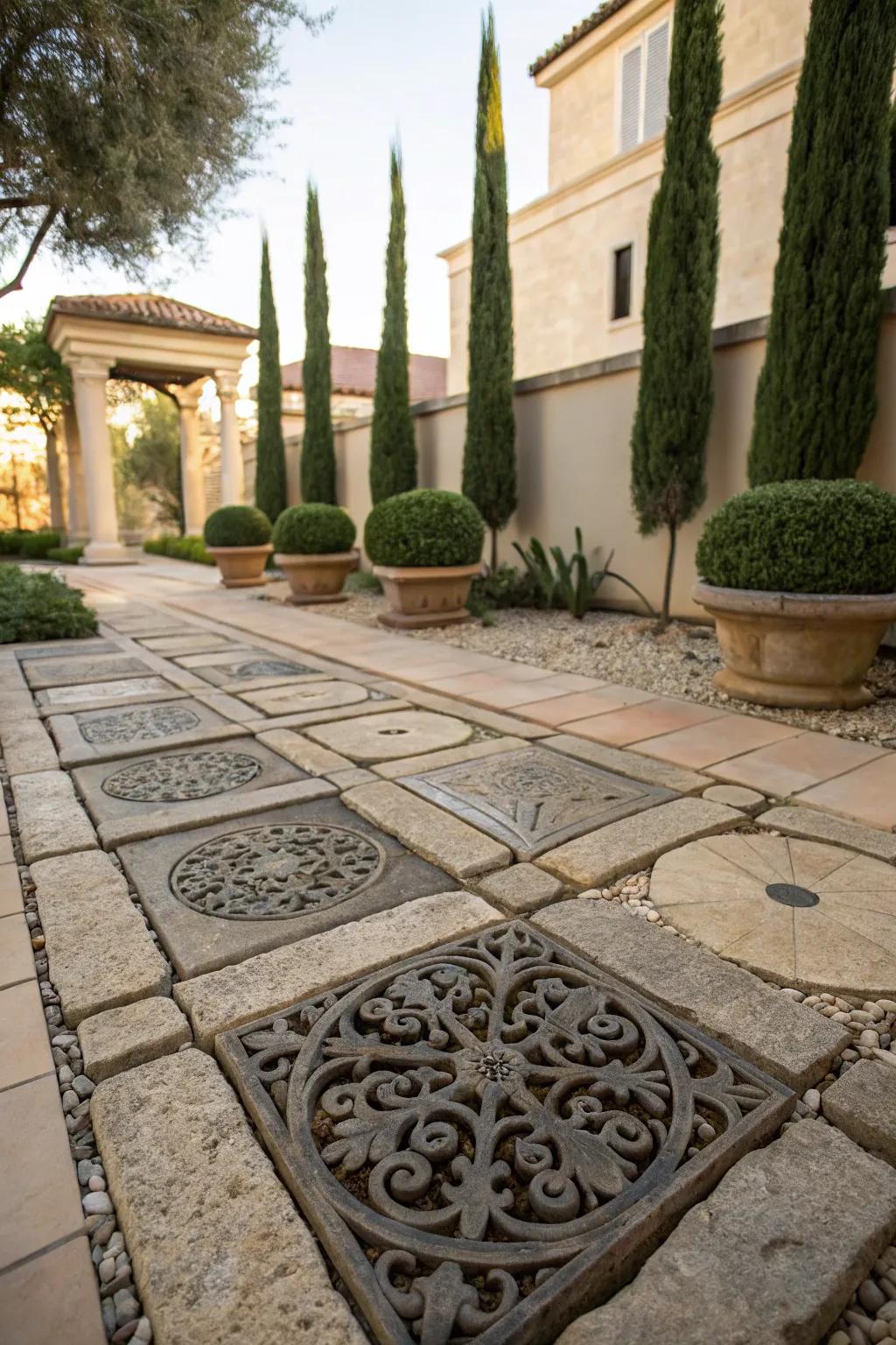 Add a touch of elegance with unexpected materials in your courtyard pavers.