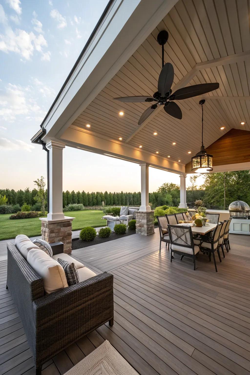 A pavilion-style deck offers luxury and comfort for enjoying the outdoors.