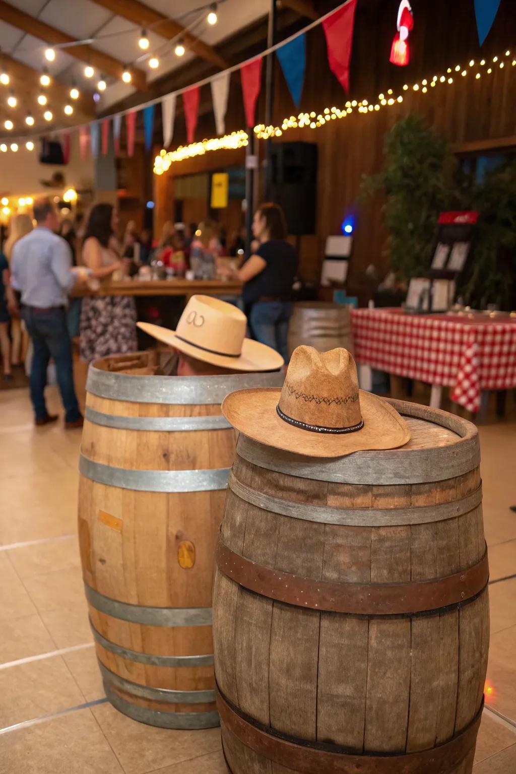 Elevate your seating arrangements with rustic barrels.