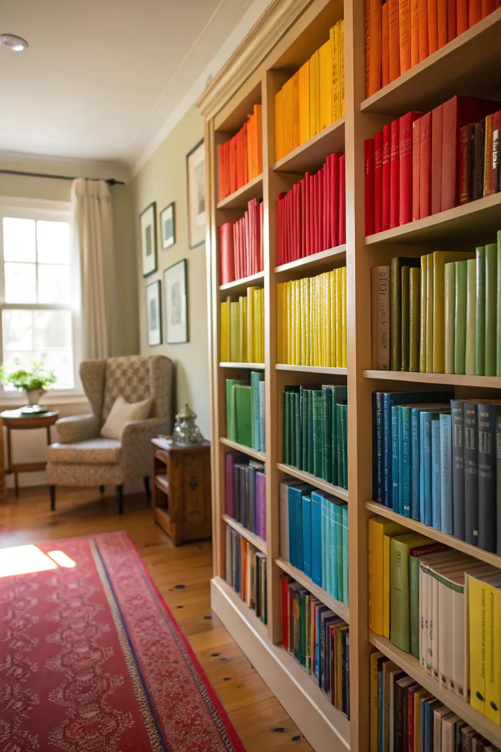 Color-coordinated bookshelves turn your collection into a work of art.