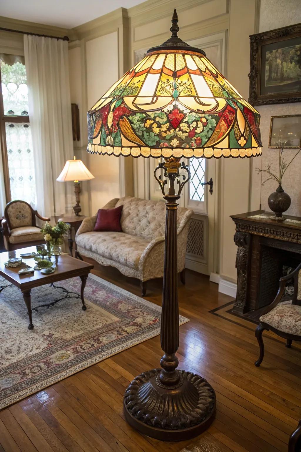 A Tiffany-style lamp adding elegance with its stained glass design.