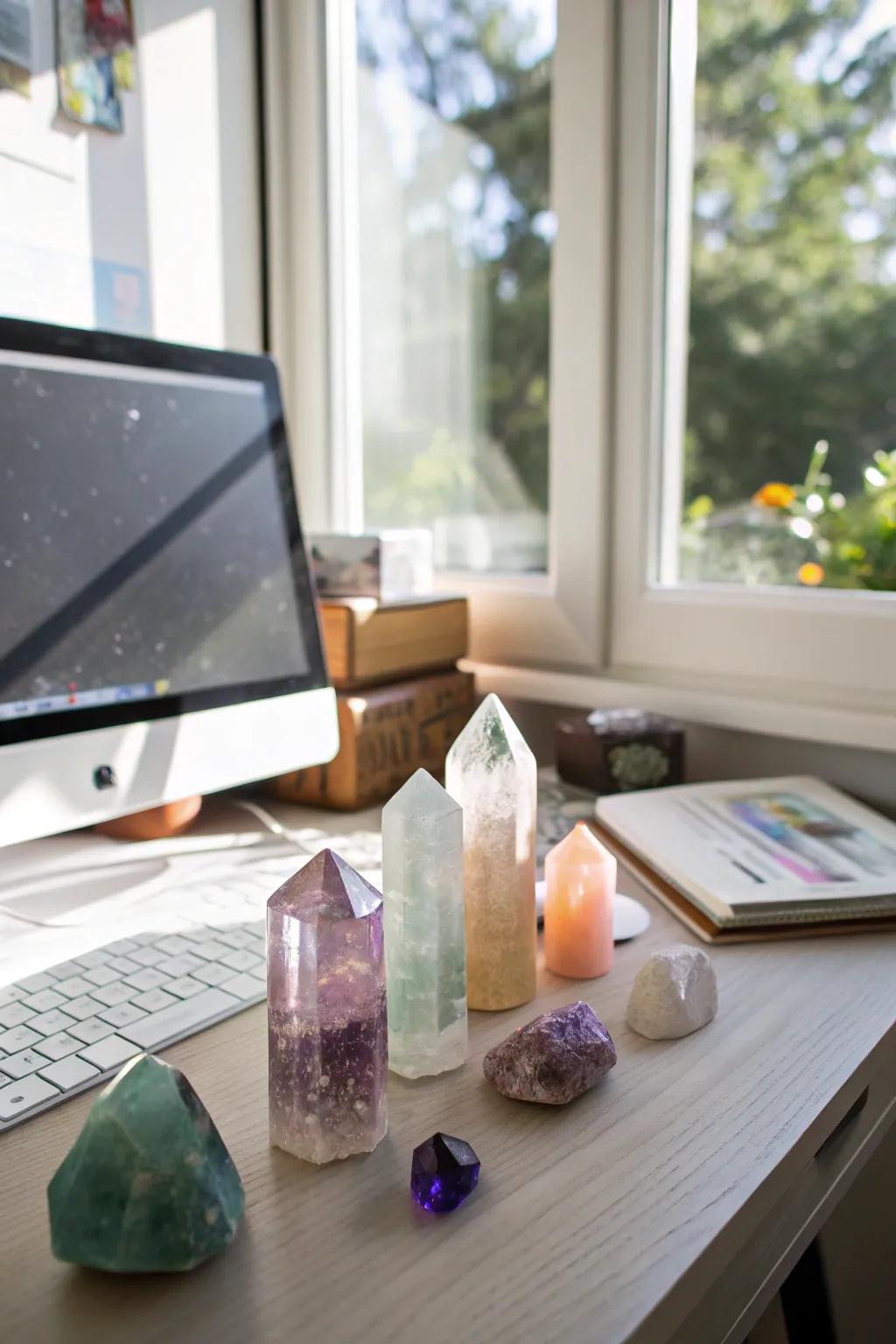 An inspiring office desk display with focus-enhancing crystals.