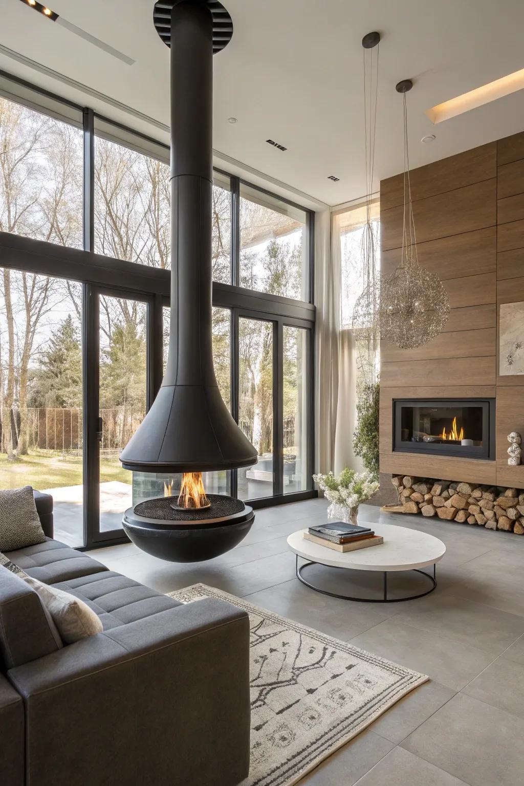 A suspended fireplace that brings a futuristic touch to the room.