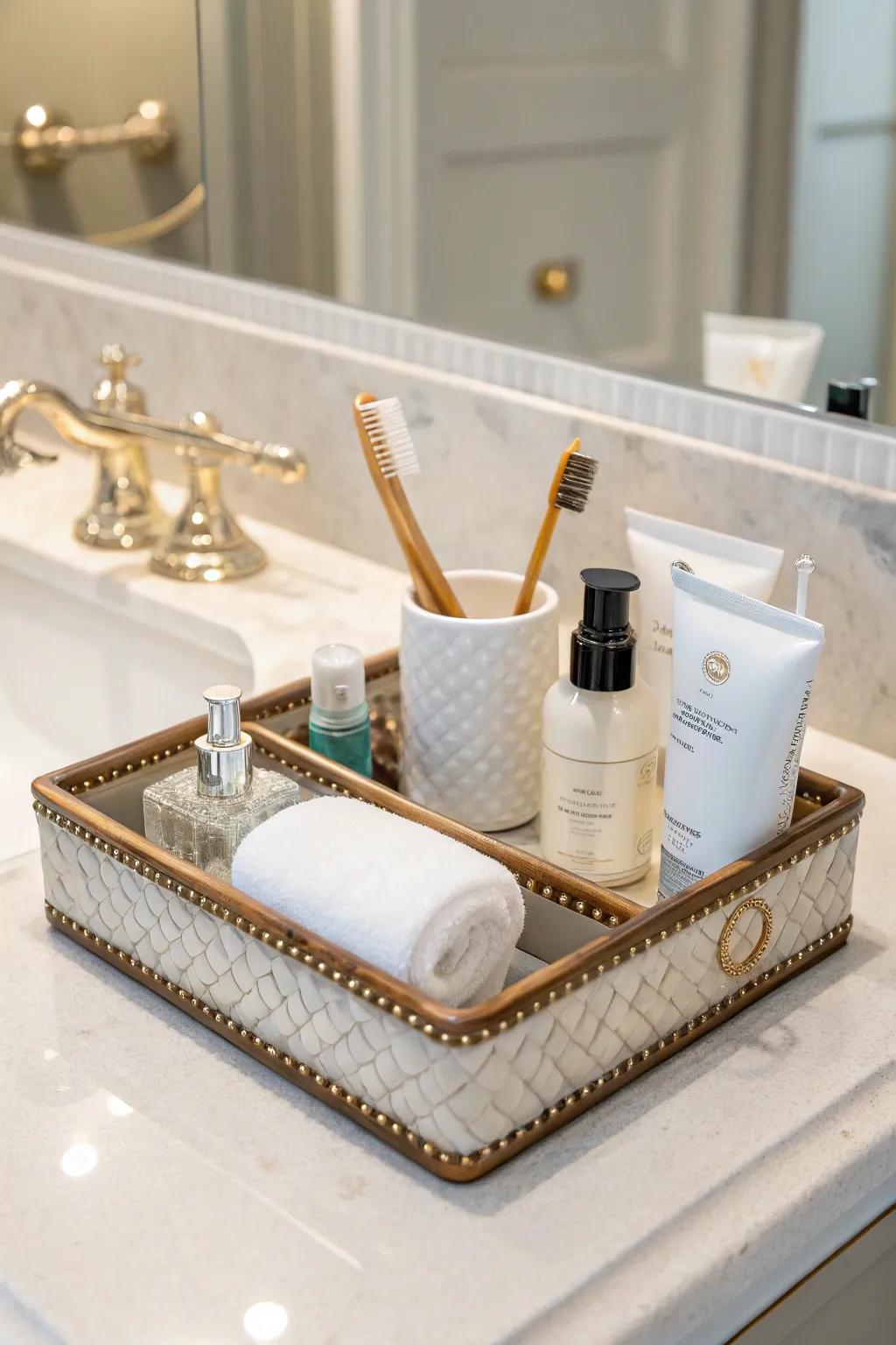 A unique vanity tray keeps your essentials organized and adds elegance.