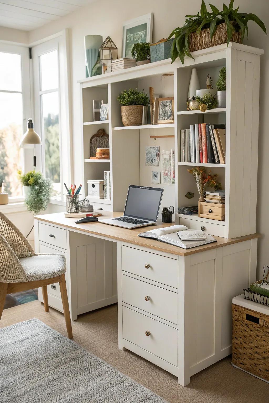 Multi-functional furniture maximizes space in a small home office.