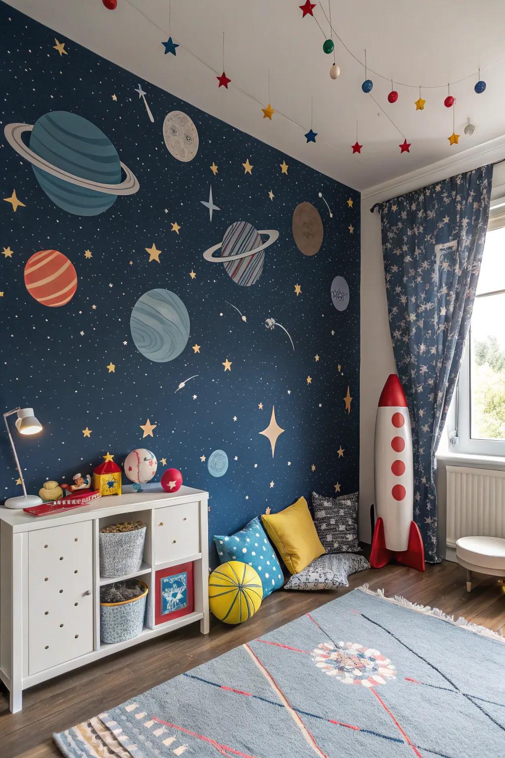 A child's room with cosmic galaxy wallpaper, inspiring imagination and play.