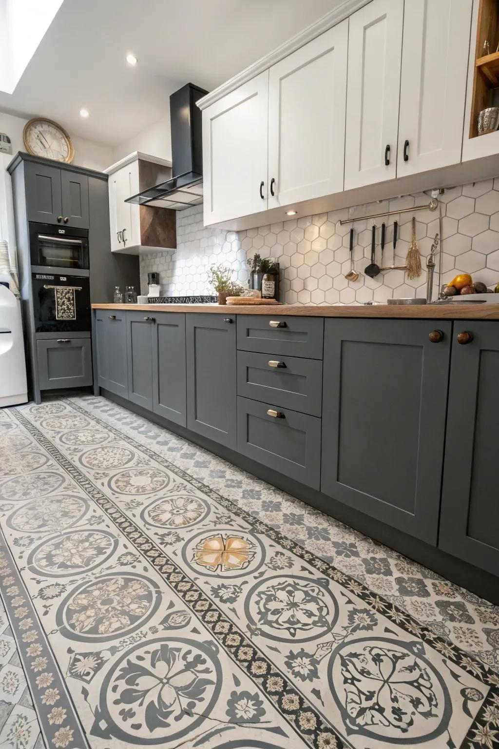 Patterned flooring adding a dynamic touch to the kitchen's design.