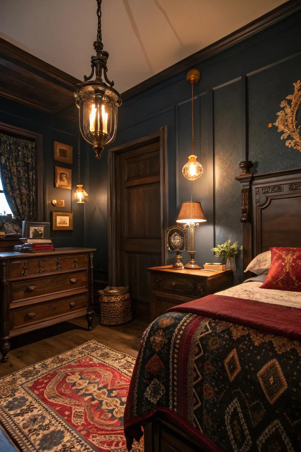 Smart lighting solutions offer customizable ambiance in a dark vintage bedroom.