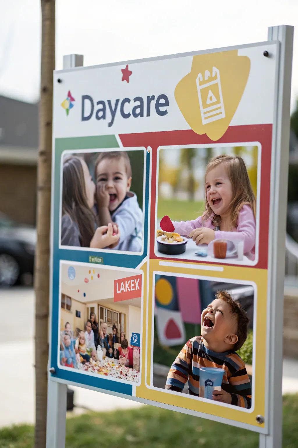 A photographic collage on the daycare sign celebrates joyful memories.