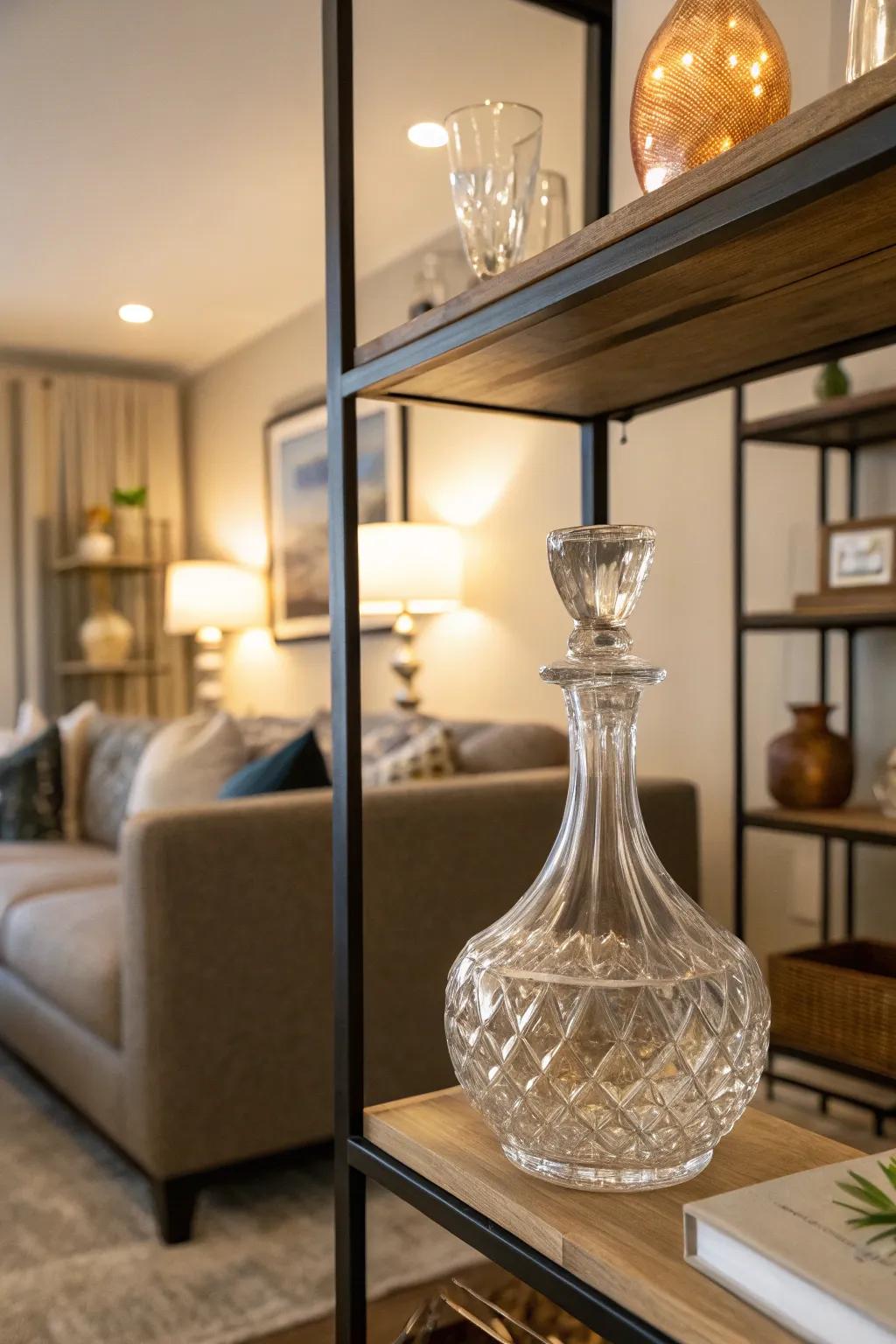 A uniquely shaped decanter serving as an art piece on a shelf.