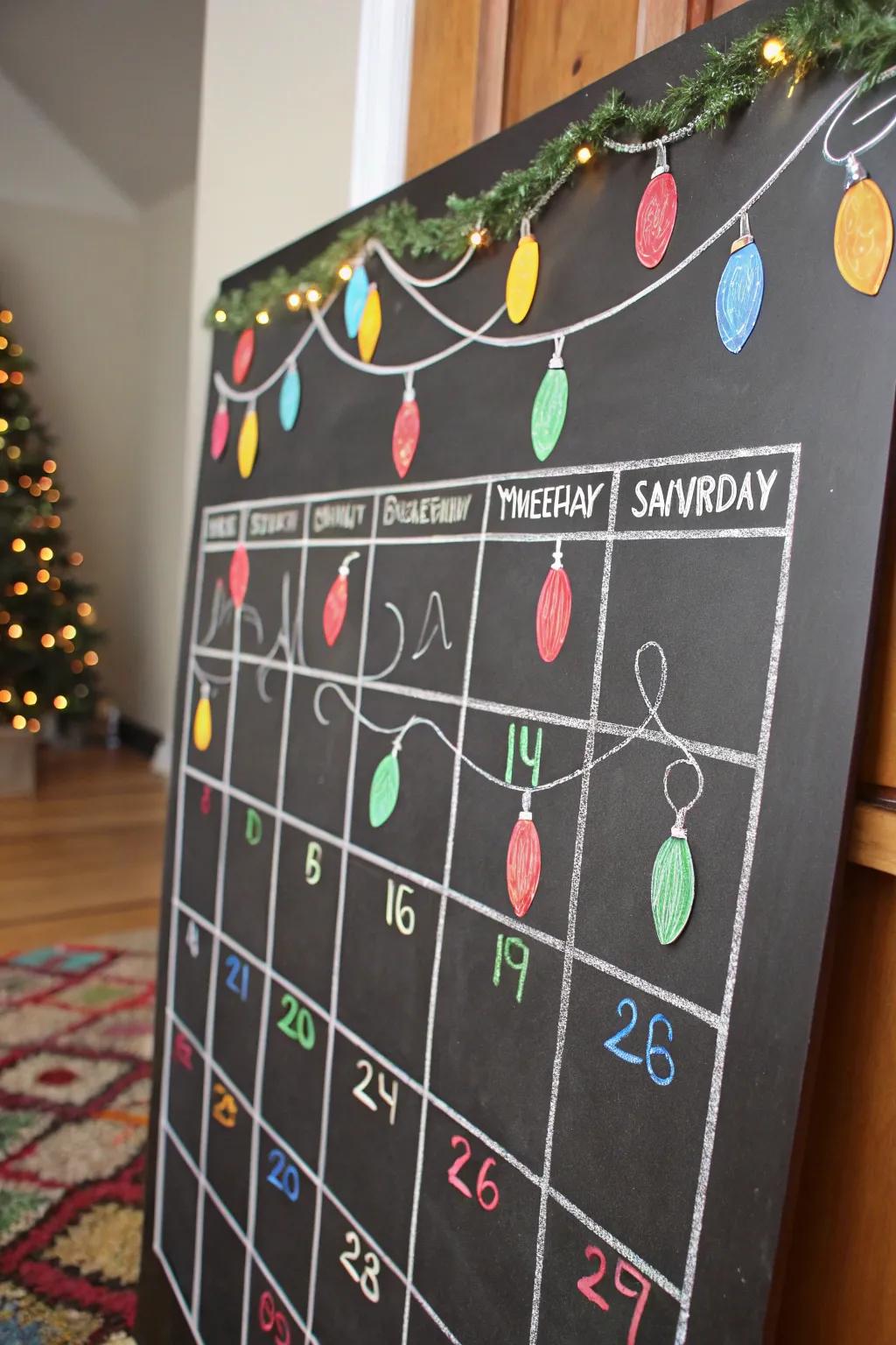 A bright and cheerful chalkboard calendar with holiday lights.