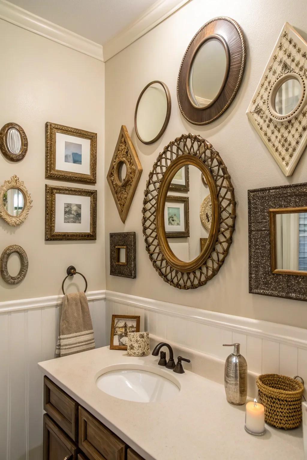 A curated collection of mirrors adds whimsy and charm.