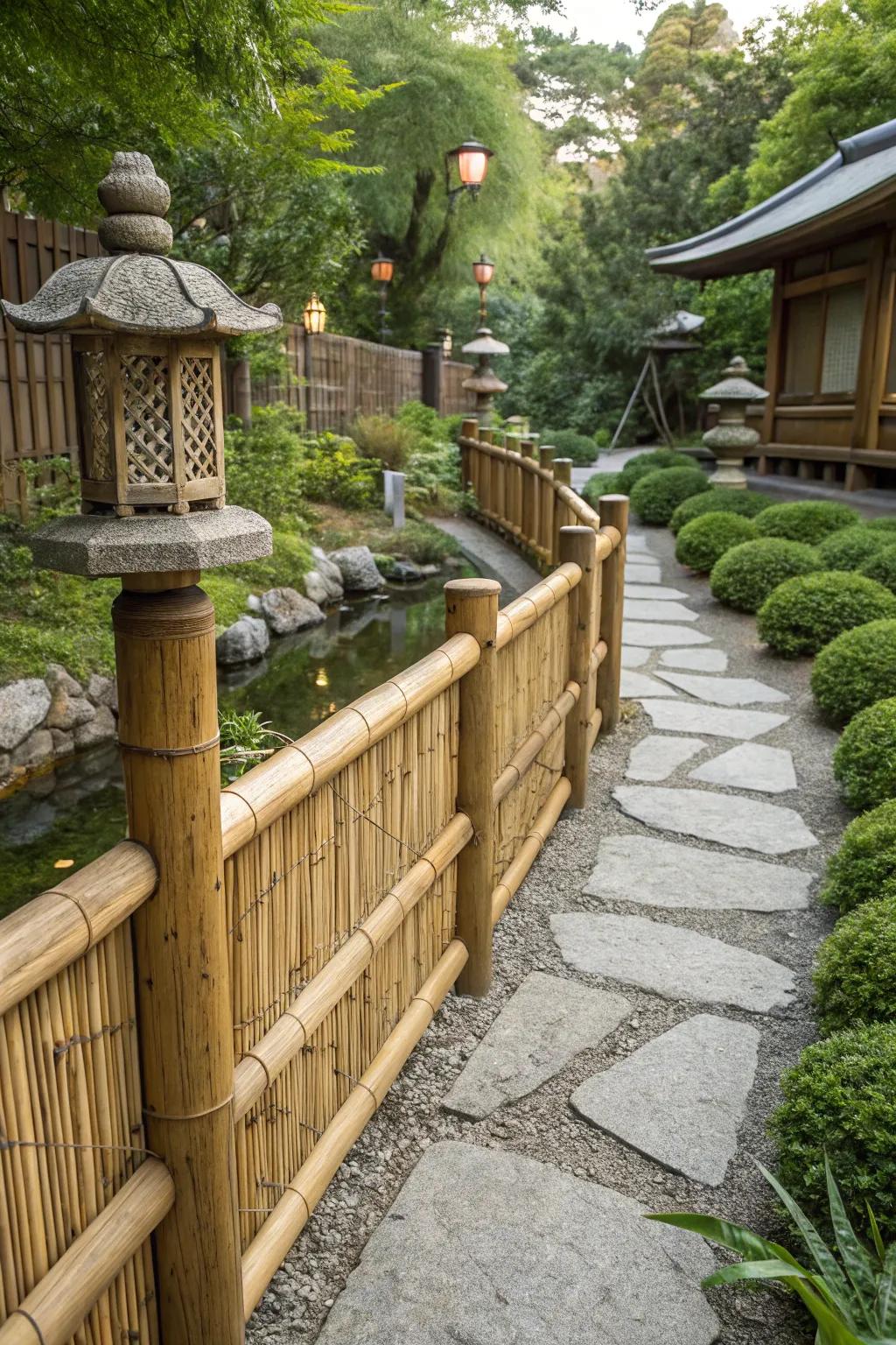 Bamboo accents add an exotic flair to wood fences.