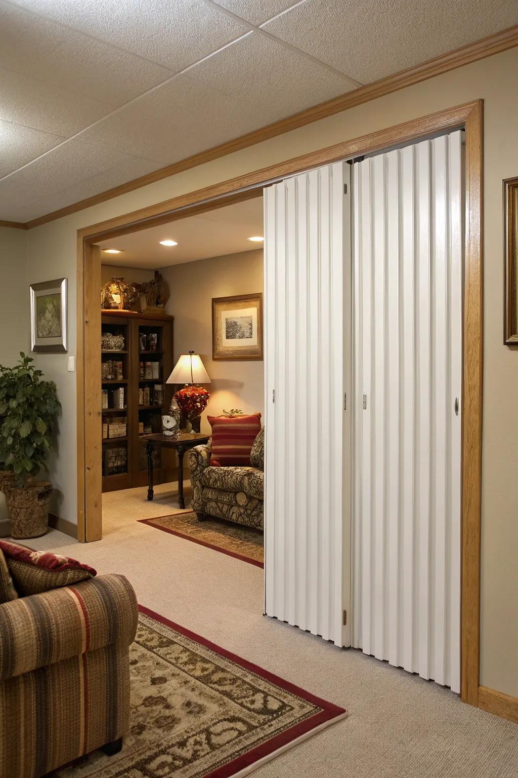 Accordion doors offer easy access and space-saving.